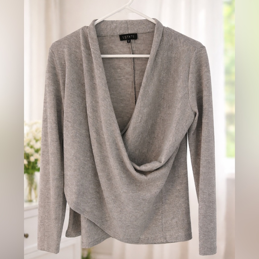 1.STATE Light Gray Draped Long Sleeve Top